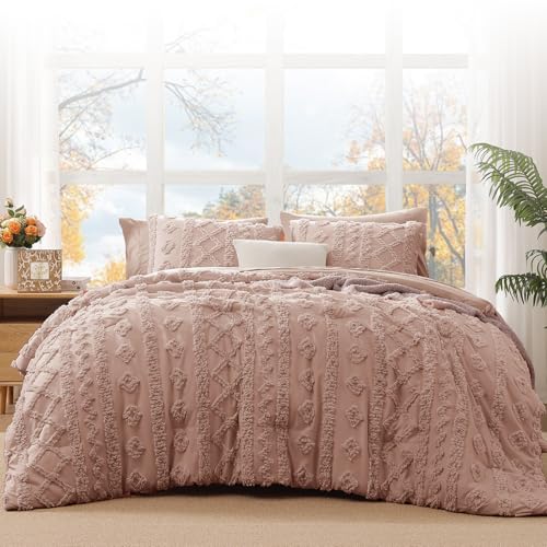 Image of Twin XL Comforter Set- 5 Pieces Tufted Bed in a Bag Twin Bedding Sets | All Season Shabby Chic Boho Bedding with Comforter, Sheets & Pillowcases, Rusty Pink