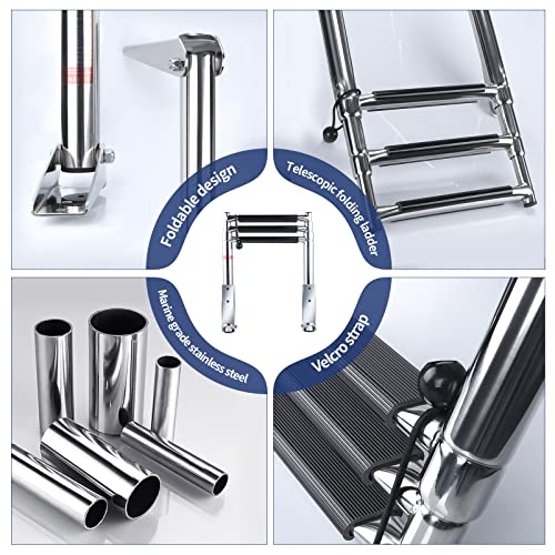 image for Marinebaby 3 Step Boat Ladder Folding, Stainless Steel Telescoping Swi