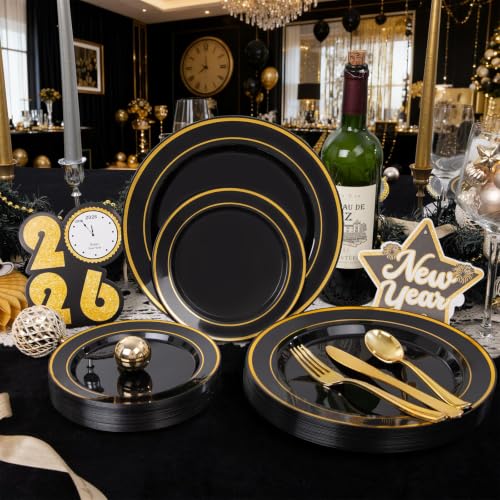 Image of WDF 200PCS Black and Gold Plastic Plates - Black Plates Disposable for Party - Heavy Duty Plastic Plate for Wedding /Party /Birthday /Halloween