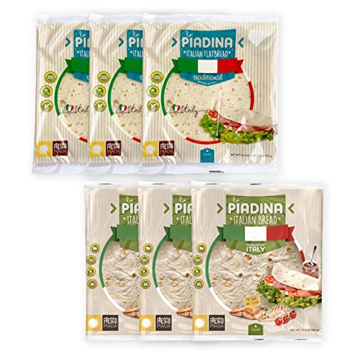 Fresco Piada, 6- Pack – Mixed Bundle of Piadina Italiana, 3 Originals + 3 with Olive Oil (24 Count Total), No Added Preservatives, 100% Made in Italy, Vegan, Lactose & GMO Free