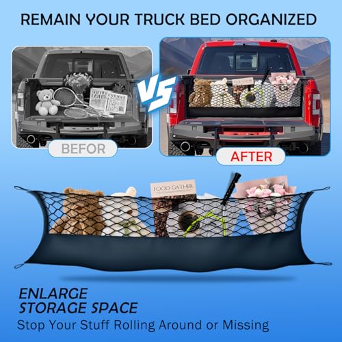 Image of Truck Bed Cargo Net for 2015+ Ford F150 & 2017+ F250 /F350 /F450 Accessories, Envelope Style Trunk Mesh Cargo Net, Heavy Duty&Double-Layer Nylon Storage Netting Organizer(Not for Spray-in Liner Beds)