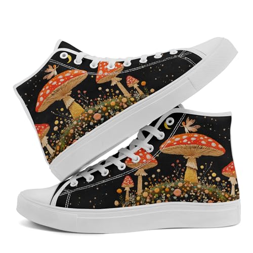 Women's Stylish High-Top Canvas Sneaker Print Floral Mushroom Shoes Gift for her Lightweight Fashion Flat Casual Shoes4