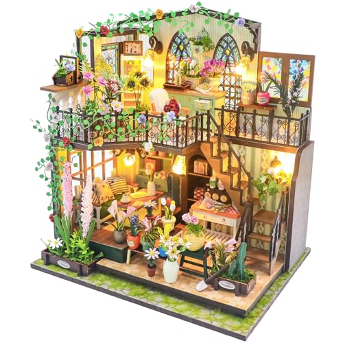 DIY Miniature Dollhouse Kit, 1:24 Scale 3D Garden Villa Doll House Making Kit with LED Light Furniture Decorative Mini Crafts Dollhouse Exquisite Mini House Making Kit for Adults Teen Flower Lovers