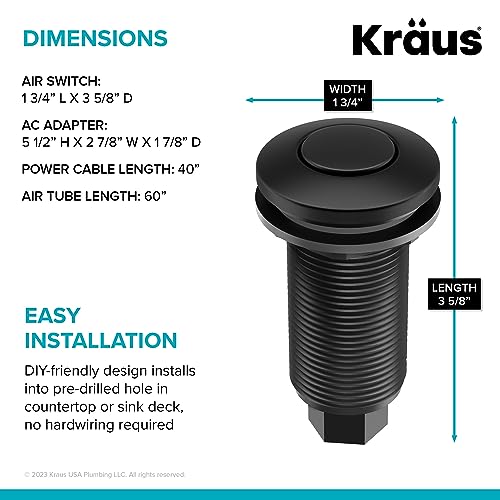 Image of KRAUS Garbage Disposal Air Switch Kit in Spot-Free Stainless Steel with Push Button, AC Adapter, Power Cord, and Air Tube Included, KWDA-100SFS