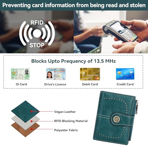 Womens Wallet Small Bifold Leather Pocket Wallet Large Capacity Rfid Blocking Card Holder Zipper Coin Purse with 16 Card Slots & 2 ID Window-Peacock Blue4