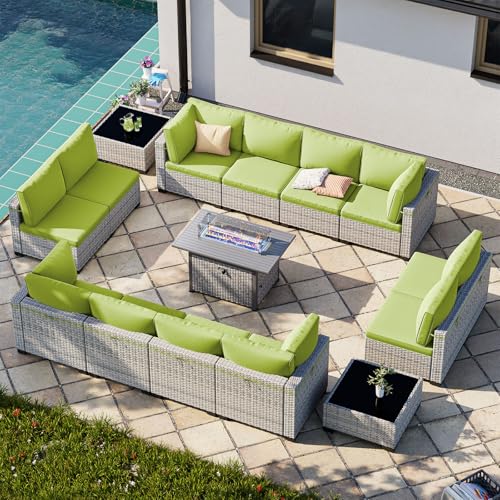 Image of Outdoor PE Wicker Rattan Modular Patio Sectional Sofa Set | 15-Piece: 12 Modular Seats, 2 Coffee Tables & 55,000 BTU Fire Pit Table, Grass Green