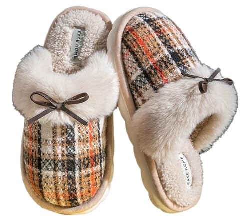 House Slippers Womens Cozy Slip on Warm Classic Vintage Checkered Shoes Indoor Outdoor with Anti-slip sole