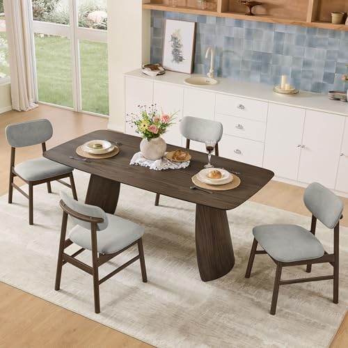 Image of CHITA 71 inch Modern Dining Table for 6, Rectangle Wood Kitchen & Dining Room Table, Solid Rubberwood Frame, Bentwood Legs, Walnut Venner
