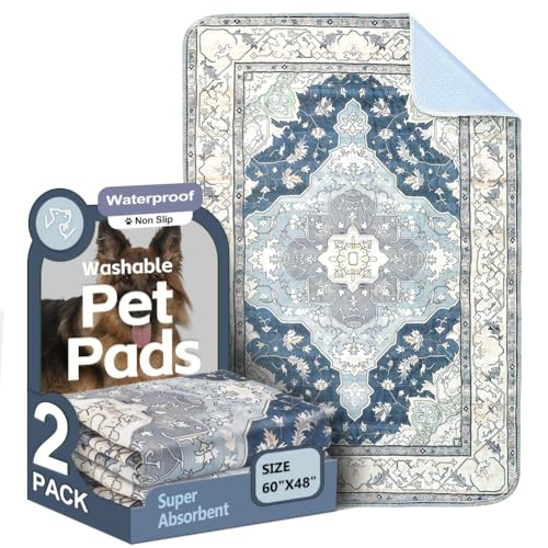 Image of Washable Pee Pads for Dogs, 2 Pack Reusable Puppy Training Pads 60 inchx48 inch Super Absorbent Waterproof Dog Training Pads, Non-Slip Potty Pads, Whelping Pads Litter Mat Navy & Ecru
