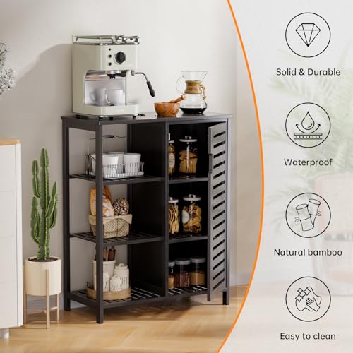 HITNET Badkamer Opbergkast, Vloer Staande Keuken Organisator Opschortende Eenheid met Enkele Deur en 3 Open Planken, Ruimtebesparend Utility Bamboe Meubilair, Zwart - Afbeelding 6