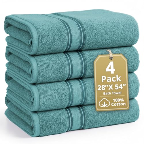 Image of Lane Linen 100% Cotton Bath Towels 4 Pack (28 inchx54 inch) - Zero Twist, Premium Cotton Large Towels Set for Bathroom - Quick Dry, Soft & Absorbent Large Bath Towel Set - Oeko Tex Certified, Pre Shrunk- Teal