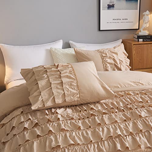 Sleepymoon Beige Ruched Duvet Cover Set Soft Microfiber All Season (Waterfall Handcraft Ruffle Khaki, King Size) Braided 3 Pcs Flounced Bedding Cover Set With Frill Fringe Zipper Closure 104"X90" #TOP2