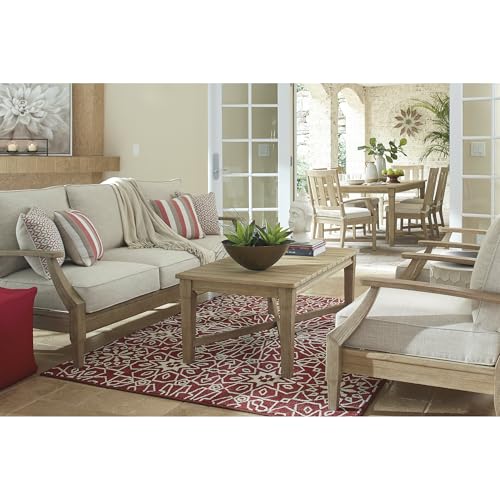 Signature Design by Ashley Clare View Outdoor Patio Sofa, 4 Throw Pillows, Nuvella Weather Resistant Fabric, Eucalyptus Wood, 81" W x 35" D x 32" H, Beige