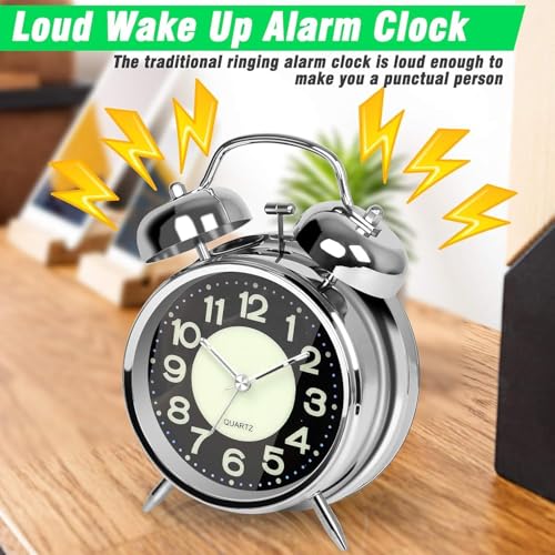 Image of HOME SKILL Analog Alarm Clock for Heavy Sleepers Loud Clock for Adults Classic Twin Bell - Super Loud, Non-Ticking Silent Quartz Movement, Backlight, Decor Bedroom /Office (Silver Luminous)