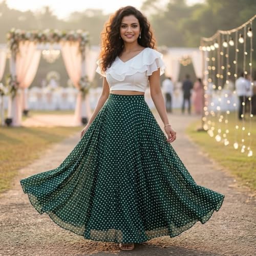 Image of Women's Lycra Top with Georgette Skirt | Polka Dot Print Long Flared Maxi | Full Length Flowy Skirt for Women | Stylish Casual Wear