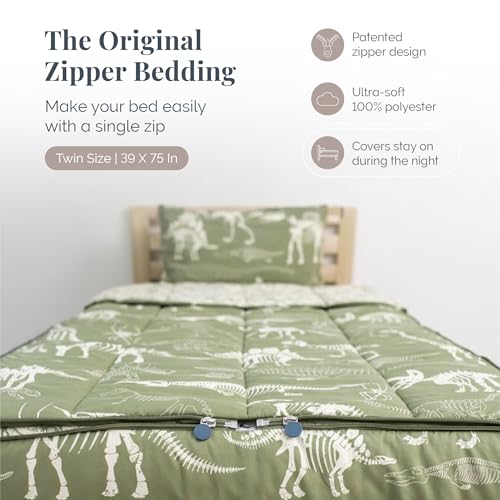 Image of Beddy's Dinosaur T-Rex Durable Zipper Bedding for Kids - Green Sheets & Comforter with Dino Fossils - Includes Pillowcase & Sham - Easy to Make & Wash- Twin