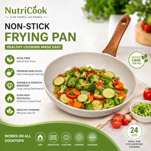 Image of Rioware Non-Stick Maifan Frying Pan (3L) | 5-Layer Non-Stick Coating | Induction, Ceramic, Electric & Gas Compatible | Dishwasher Safe | Multipurpose Pan for Eggs, Stir-Fry (24CM, Maifan Frypan White)