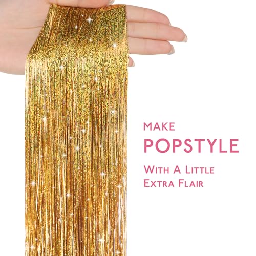 Image of WENNALIFE Hair Tinsel for Girls, Gold Fairy Kit 1200 Strands 6PCS 48 Inch Heat Resistant Glitter Tinsel Hair Extensions Kit Christmas Angel for Sparkle Strands