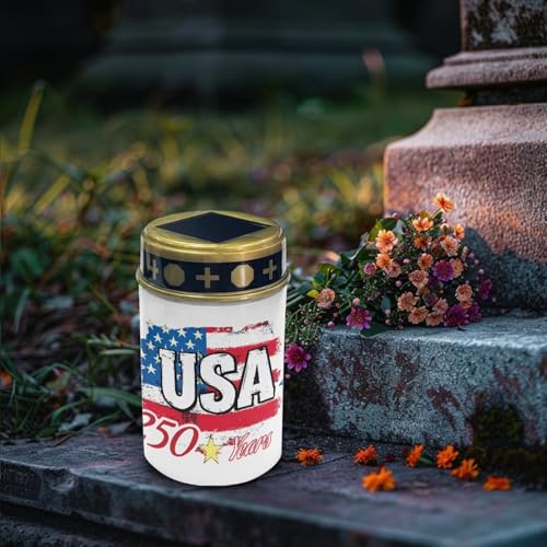 Image of Poceacles USA Flag 250 Years Print Outdoor Lights Solar Grave Candle Solar Cemetery Candles LED Automatic Patriotic Flameless Cemetery Lights for America 250th Independence Day Decor, Set of 6