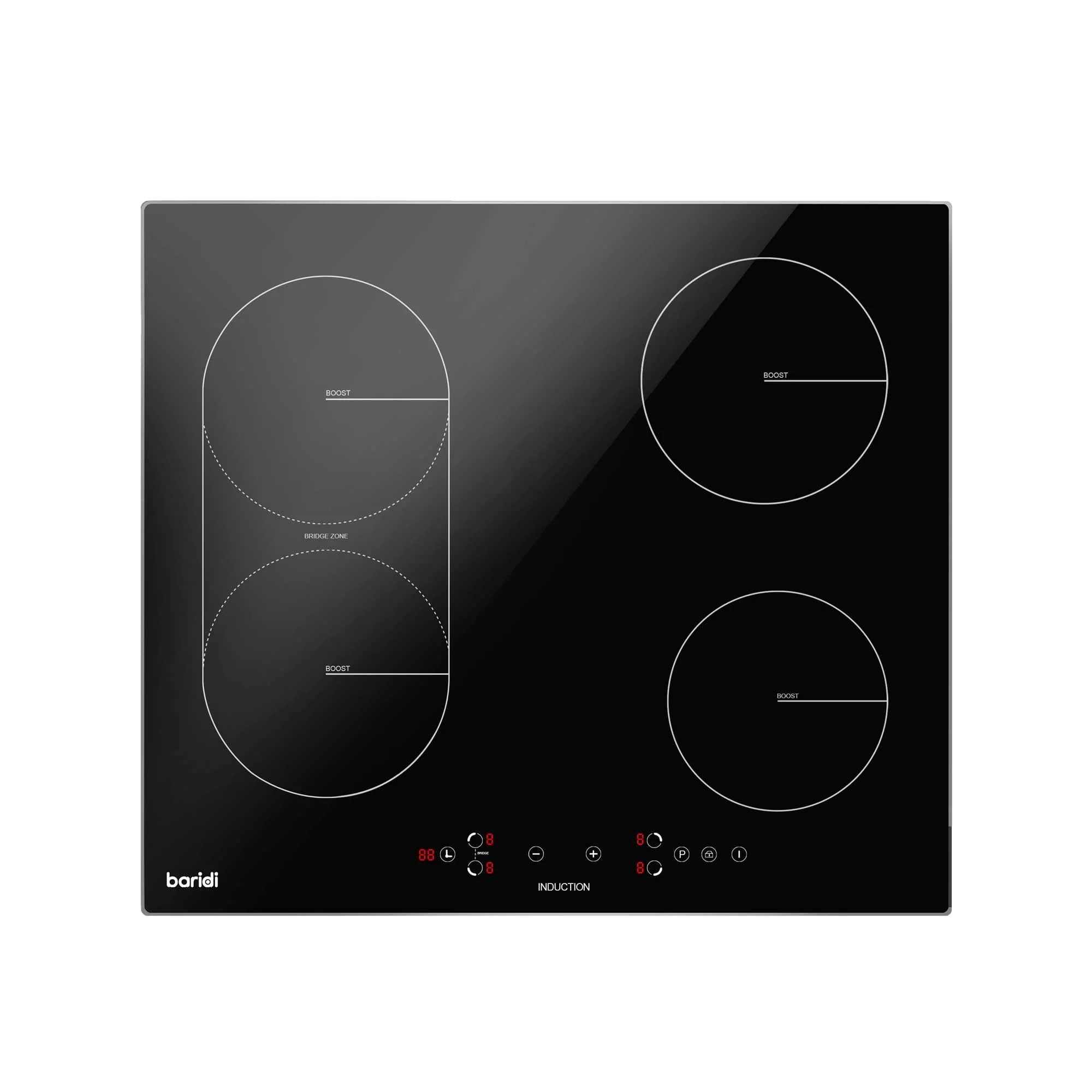 Baridi 60cm Built-In Induction Hob with Bridge Zone, 4 Cooking Zones, 2800W, Boost Function, 9 Power Levels, Touch Control & Timer - DH178