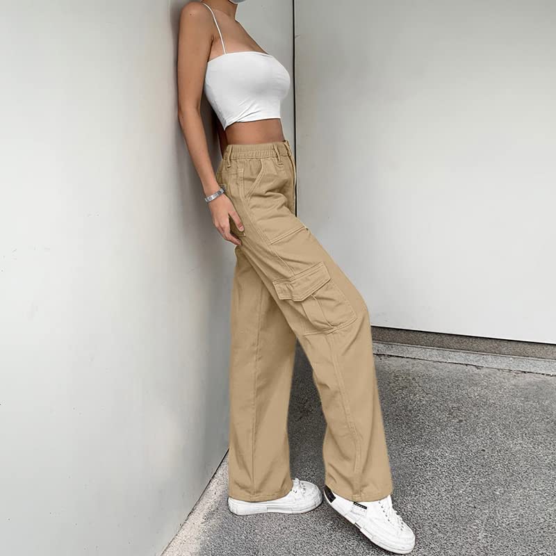 Image of Lepunuo Cargo Pants for Women High Waisted Casual Pants Baggy Stretchy Wide Leg Y2K Streetwear with 6 Pockets