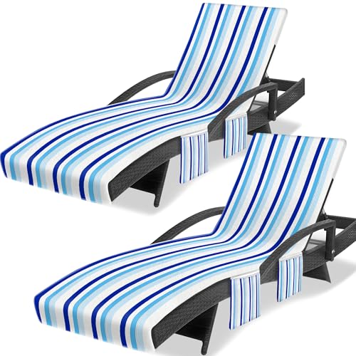 Lounge Chair Towel Cover, Chaise Lounge Covers (Pack of 2), Striped Lounge Chair Towels with Fitted Top Pocket for Pool, Beach,Vacation Travel, 85 x 30 in, Striped Blue White Black