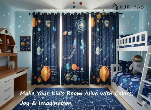 Image of Space Theme Grommet Opaque Curtains for Kids Room Planets Parde 4X9 feet Set of 3, Long Door Curtain, Blue Color Play School Curtains