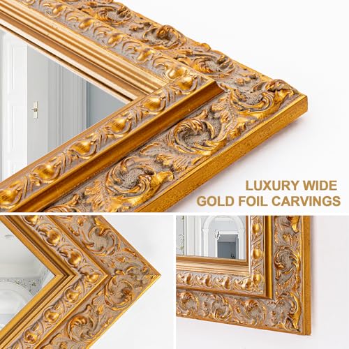 Image of 37 inchx25.2 inch Vintage Gold Decorative Wall Mirror, Bathroom Mirror for Wall, Bedroom /Entryway /Side Cabinet, Solid Wood Frame Decor with Foil Embossed Design