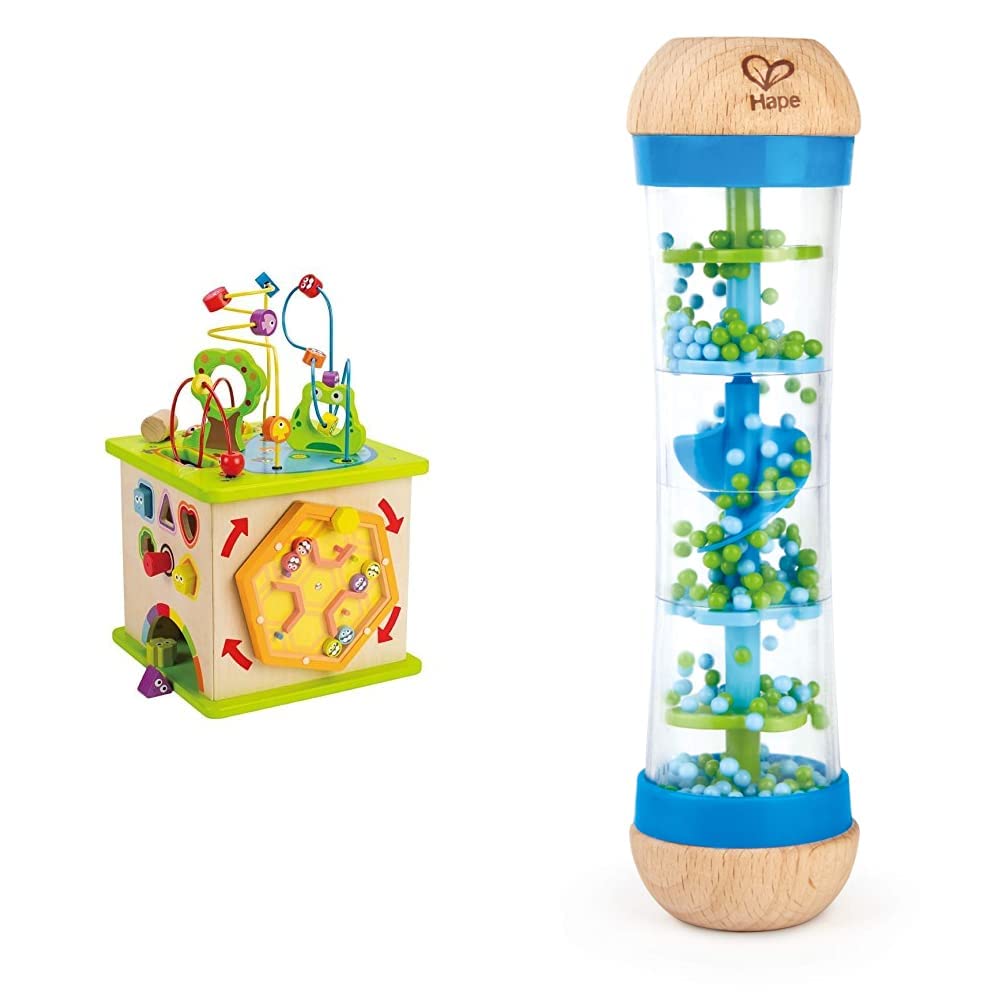 Hape E1810 - Motorikwürfel Kleine Tierchen, aus Holz, ab 12 Monate & E0328 - Blauer Regenmacher, Musikspielzeug, ab 0 Monaten