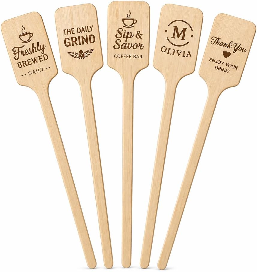 6.25" Wooden Coffee Stirrers with Square Heads – Customizable Stir Sticks with Logo or Text | Eco-Friendly Drink Stirrers for Coffee, Tea, Beverages & Events (6.25" - Pack of 100)