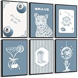 6Pcs Blue Preppy Canvas Wall Art Trendy Y2K Coquette Room Posters Print Artwork Funky Lucky 8 Ball Bow Boot Cheetah Painting Pictures Wall Decor for Girls Dorm Bedroom Home Decoration 8x10in Unframed