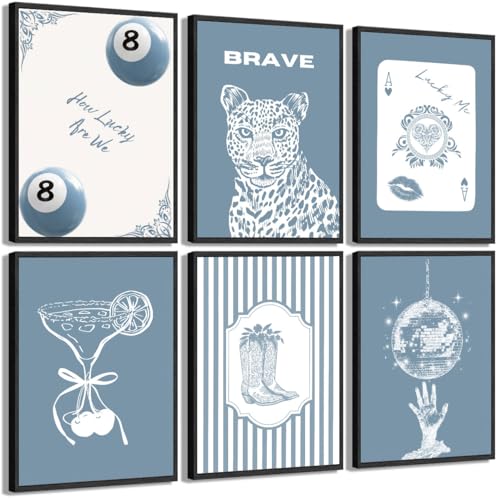 6Pcs Blue Preppy Canvas Wall Art Trendy Y2K Coquette Room Posters Print Artwork Funky Lucky 8 Ball Bow Boot Cheetah Painting Pictures Wall Decor for Girls Dorm Bedroom Home Decoration 8x10in Unframed