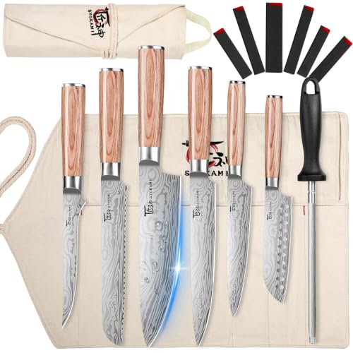 SYOKAMI Chef Knife Set with Roll Bag Professional Japanese Kitchen Knives Sets Damascus Pattern Pakkawood Wooden Handle High Carbon Steel Knives with Case for Camp Outdoor Travel Gift 9 Piece