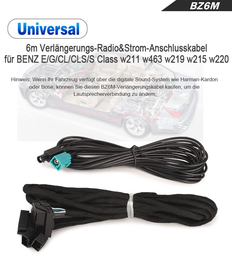 erisin BZ6M Cavo di prolunga radio Power & Fakra per Mercedes Benz W211 W463 W219 W215 W220 E/G/CL/CLS/S Class Autoradio, lunghezza: 6 m, 40-Pin-Quadlock