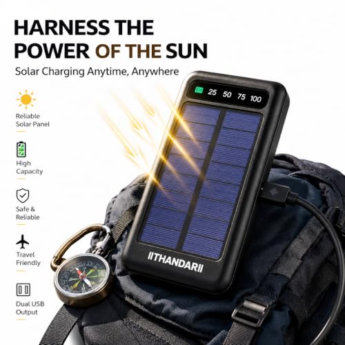 Image of THANDAR 10000mAh Solar Power Bank | Dual USB Output, Type-C Fast Charging Input, LED Torch, Emergency Solar Charging