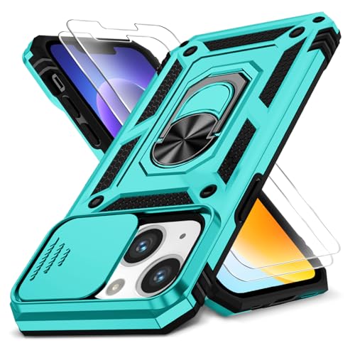 HakkTaoo Case for iPhone 14/13 6.1-Inch with Slide Camera Cover + Screen Protector(2 Packs), Military Grade Shockproof Protective, Heavy Duty, Durable Phone Case with Ring Kickstand (B - Cyan)