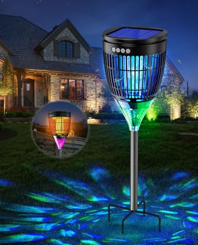 Image of Solar Bug Zapper Outdoor, Mosquito Zapper with Flame & Projector Light | Auto On /Off, Waterproof Cordless Mosquito Trap Solar Powered, 4200V Electric Fly Zapper Killer for Patio Yard Camping Garden