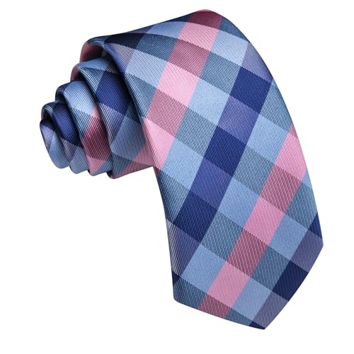 Image of Barry.Wang Plaid Ties Mens Silk Necktie and Tie Clip Checkered Tie for Wedding Party Business Formal