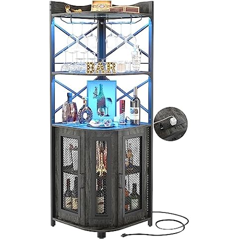Aheaplus Corner Bar Cabinet with Power Outlet, Industrial Wine Cabinet with LED Strip and Glass Holder, 5-Tiers Liquor Cabinet Bar Unit for Home, Corner Display Cabinet for Small Space, Grey Oak Cover