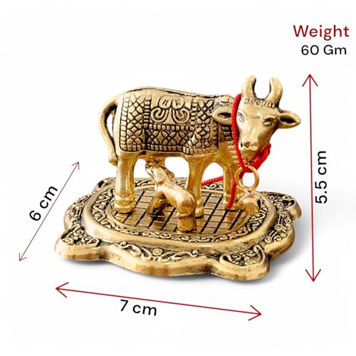 Image of KridayKraft Kamdhenu Cow with Calf Metal Rajasthani Handicrafts Decorative Showpiece for Gifting Anniversary Valentine's Day (Golden)