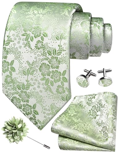 Image of GUSLESON 3.15 inch(8cm) Mens Floral Tie and Lapel Pin Necktie Hankerchief Cufflinks Set for Men