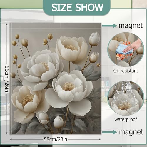 Image of Dishwasher Cover,White Peonies Flower Reusable Dishwasher Magnet Cover,Decorative Modern Art Magnetic Refrigerator Cover Front Panel Cover for Kitchen Decor 23x26 Inch
