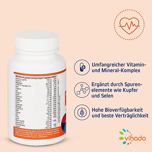 Vihado Multivitamin – Vitamine A-Z und Multimineral-Komplex – 26 Vitamine und Mineralstoffe hochdosiert – Nahrungsergänzungsmittel mit Q10, Zink und Tagetes Erecta – 1 Kapsel/Tag, 60 Kapseln