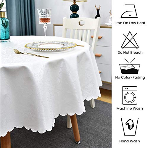 Image of Romanstile Waterproof Vinyl Tablecloth Round, 60 x 60 Inch, Flower White | Flannel Backing Wipeable Table Cloth, Heavy Duty Plastic PU Table Cover for Kitchen Dining, Indoor & Outdoor Use