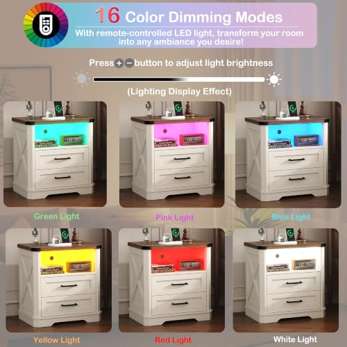 Image of Yusong 23.62 inch Tall Night Stand, LED Nightstand with Charging Station, Modern Night Stand, Wood Sofa Couch End Side Table with 2 Pull-Out Shelf, White