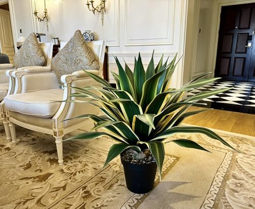 SUNPRAIRIE 34 Inch Tall Large Artificial Agave Plant in Pot with 45 Leaves, Forest Green with Yellow-Edges. Outdoor and Indoor Faux Plants. - Image 5