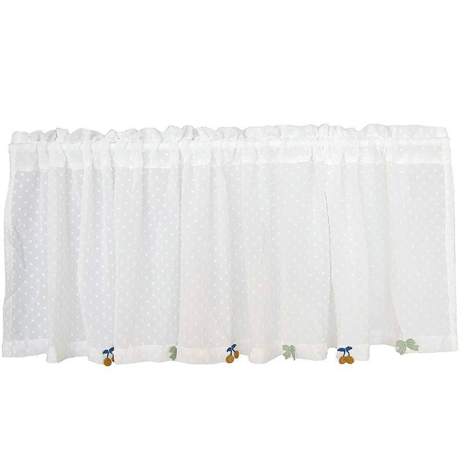 Rideaux Voilages Chambre, 1 Pièces Passe-Tringle Rideaux Cuisine Court Meuble Bas Placard Fenetre, Petit Rideau Brise-Bise Dentelle à Motif de Cerises brodées en Coton Lin, Blanc, 135x130cm