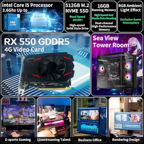 Image of Prebuilt Gaming PC Desktop,Intel Core i5 Business Office Tower Computers PC | RX550 4G Graphics Card, 16GB RAM and 512GB SSD, WiFi, Win11 Home, Suitable for Study,transaction,Entertainment,Gaming, etc.