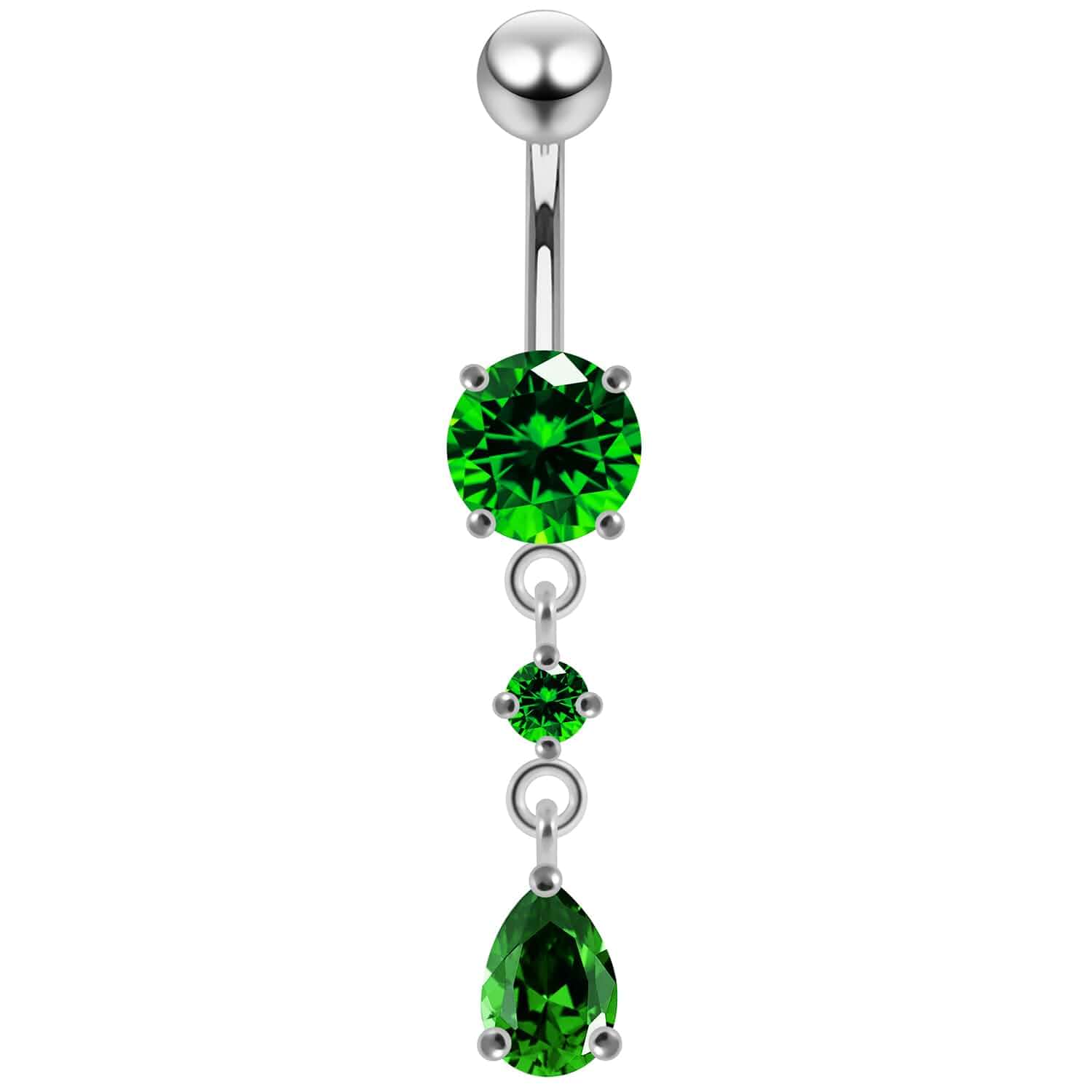 Crystal Stone Round with Teardrop CZ Stone Dangling 925 Sterling Silver with Stainless Steel Belly Button Ring