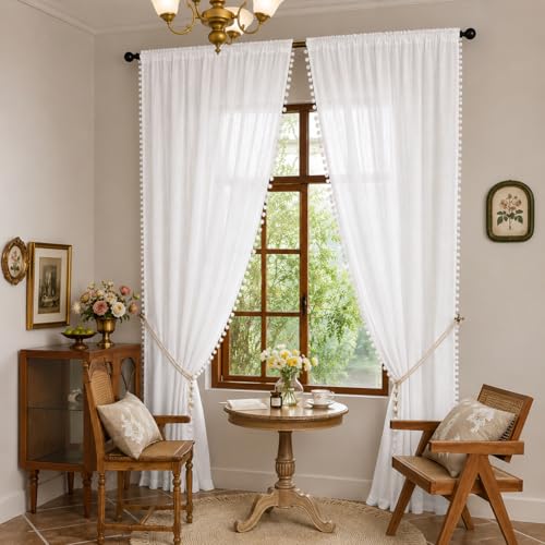 Image of THE LINEN COMPANY Sheer Cotton Curtains Window Curtains with Pom Pom Lace Rod Pocket Light Filtering Transparent Net Curtains for Window Curtains Door Curtains Living Room White 4 Ft Pack of 2